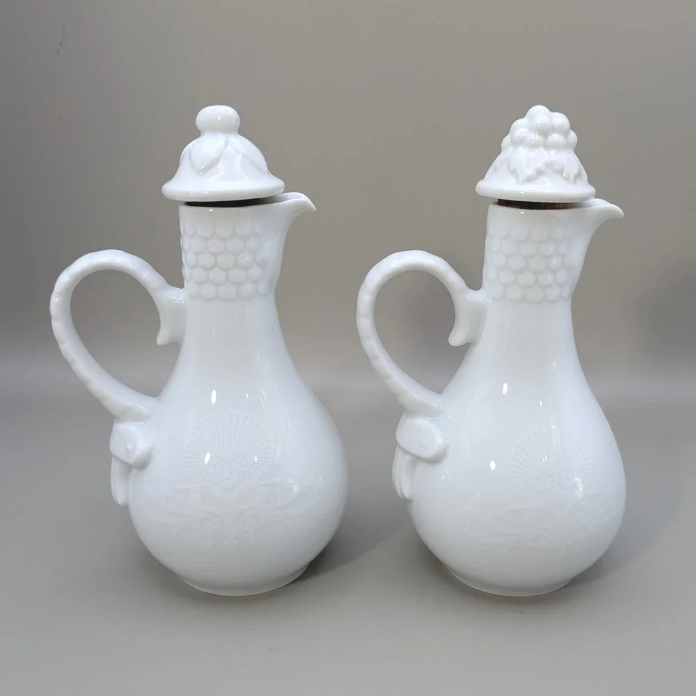 Vintage Jadeborg Germany White Porcelain Oil Vinegar Cruet Set Sugar Bowl 3 Pc